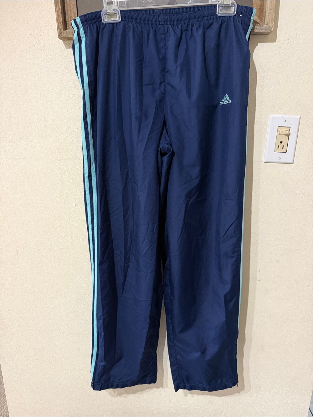 Y2K Adidas Men’s Large Navy Aqua 3 Stripe Track Pants AZF001 Ankle Zip